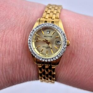 Vintage Waltham Watch Womens 24mm Gold Tone Crystals Untested Needs Battery 6.5"